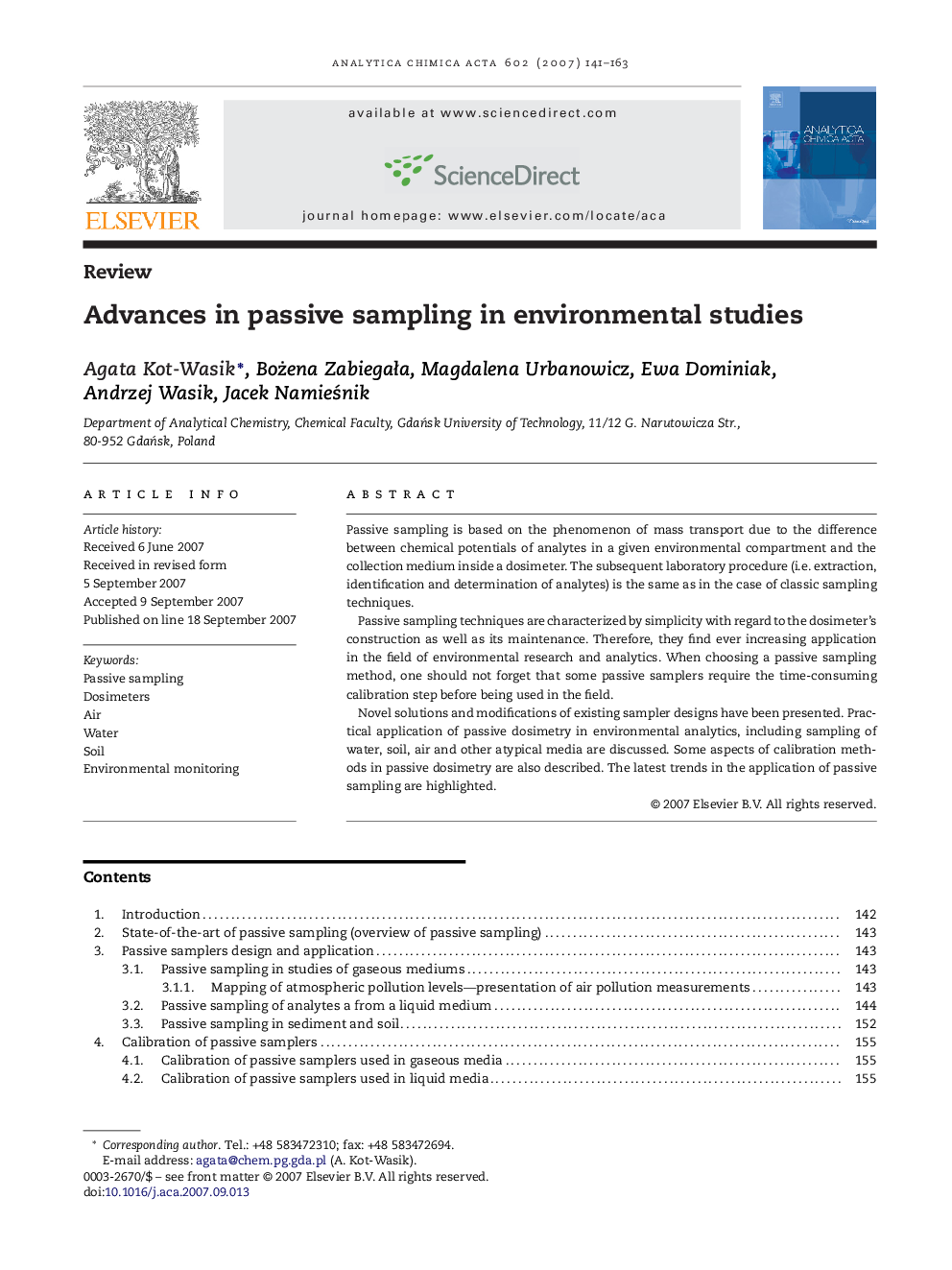 Advances in passive sampling in environmental studies