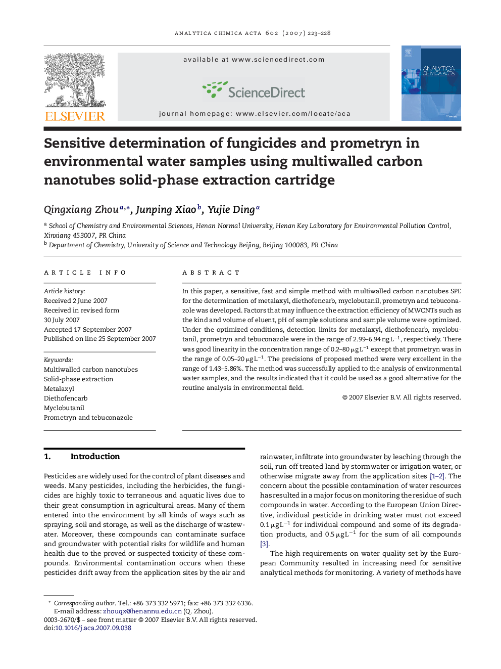 Sensitive determination of fungicides and prometryn in environmental water samples using multiwalled carbon nanotubes solid-phase extraction cartridge