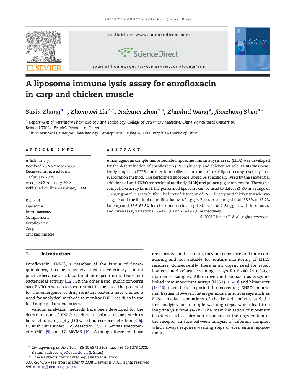 A liposome immune lysis assay for enrofloxacin in carp and chicken muscle