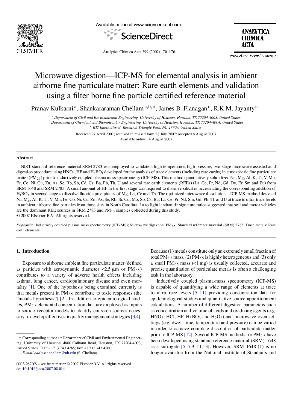 Microwave digestion—ICP-MS for elemental analysis in ambient airborne fine particulate matter: Rare earth elements and validation using a filter borne fine particle certified reference material