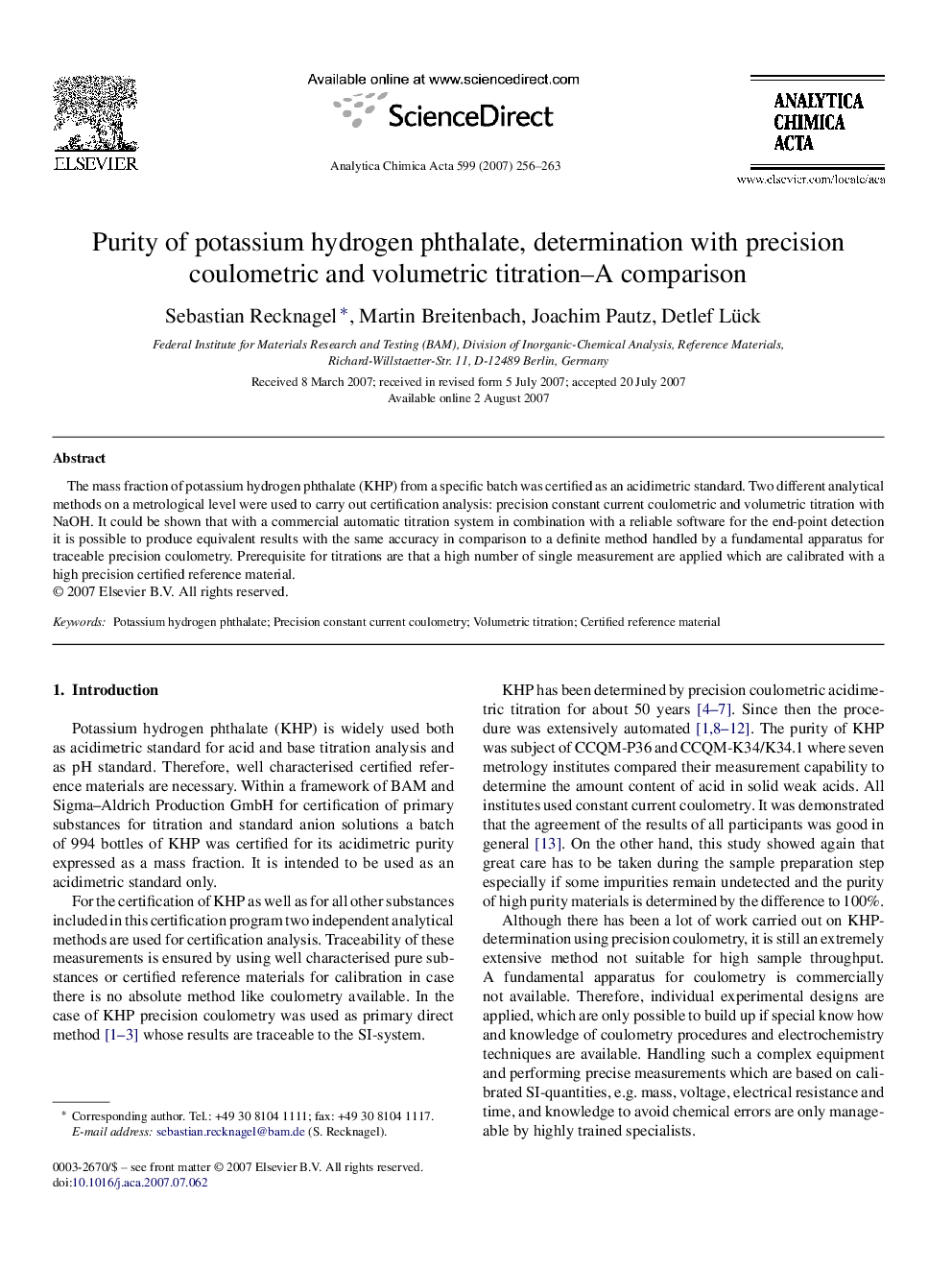 Purity of potassium hydrogen phthalate, determination with precision coulometric and volumetric titration–A comparison