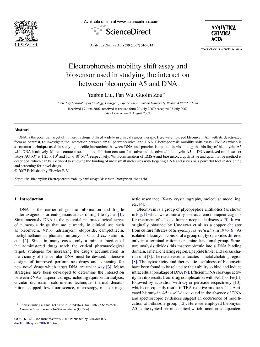 Electrophoresis mobility shift assay and biosensor used in studying the interaction between bleomycin A5 and DNA