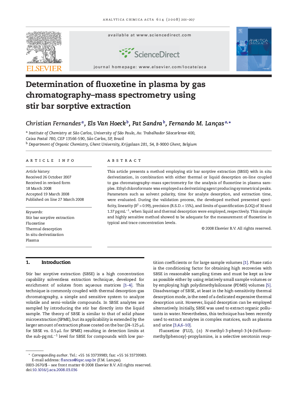 Determination of fluoxetine in plasma by gas chromatography-mass spectrometry using stir bar sorptive extraction