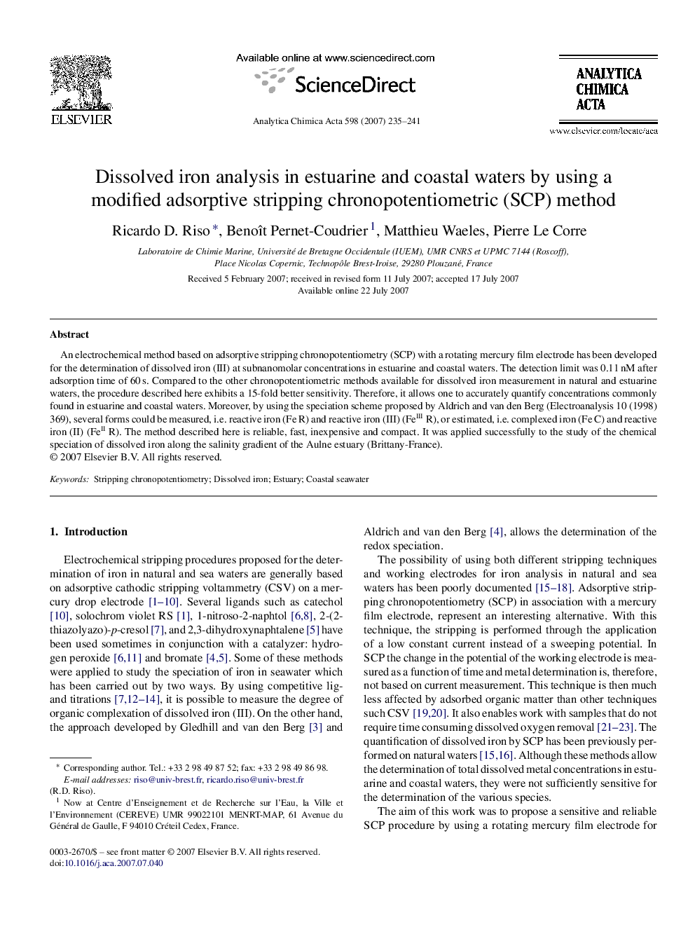 Dissolved iron analysis in estuarine and coastal waters by using a modified adsorptive stripping chronopotentiometric (SCP) method