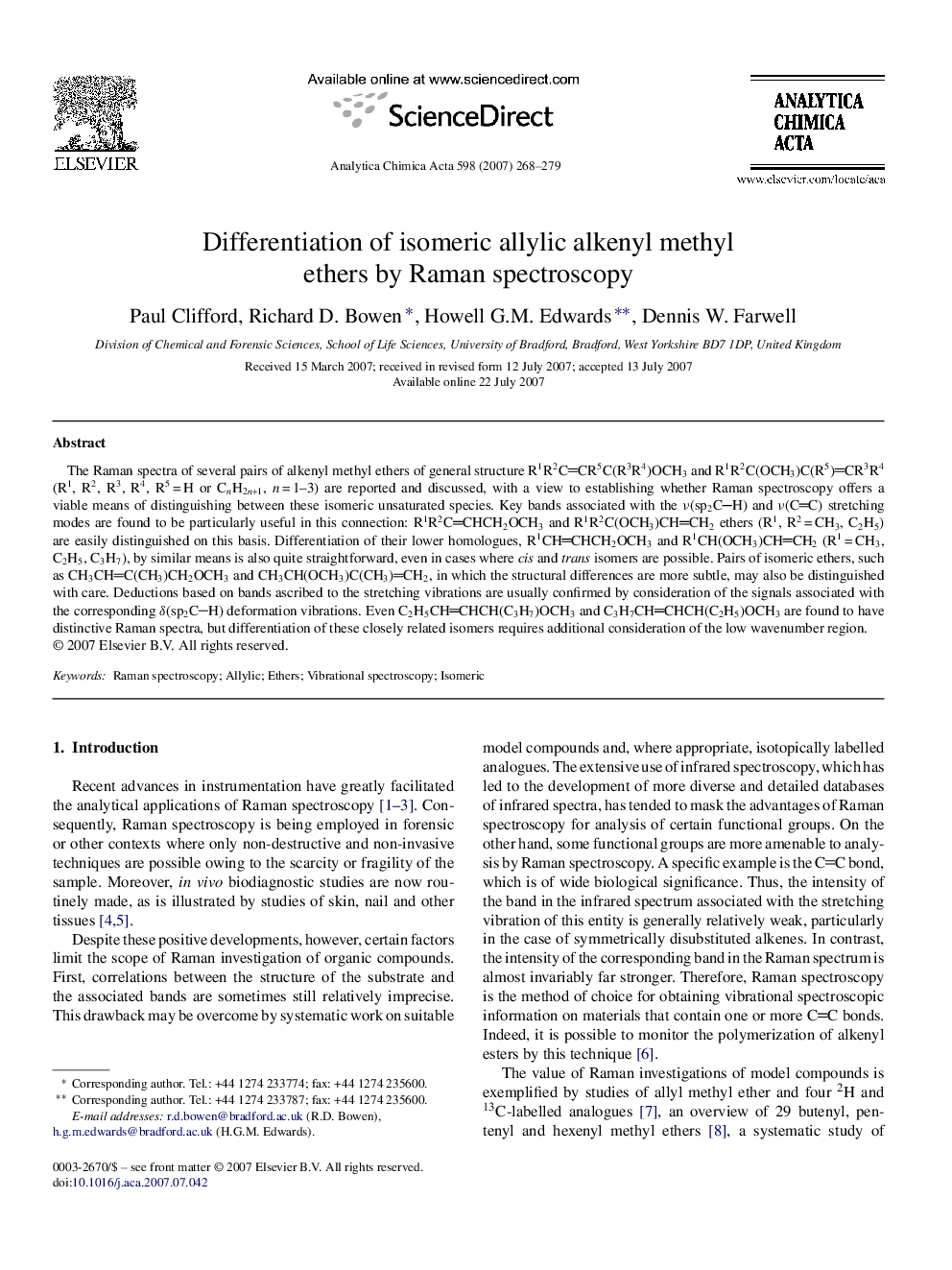 Differentiation of isomeric allylic alkenyl methyl ethers by Raman spectroscopy