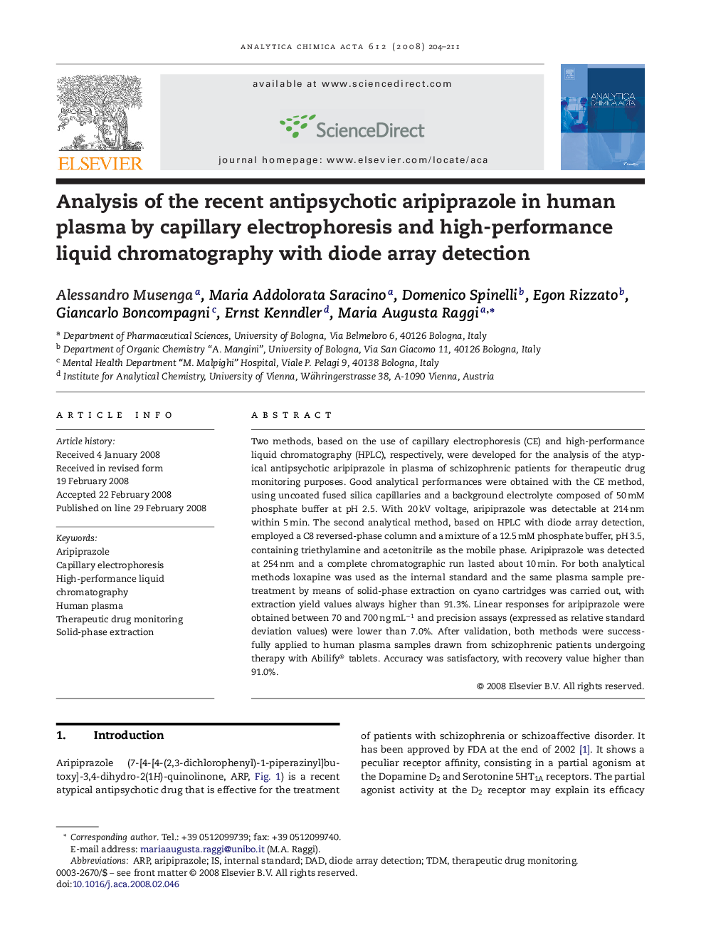 Analysis of the recent antipsychotic aripiprazole in human plasma by capillary electrophoresis and high-performance liquid chromatography with diode array detection