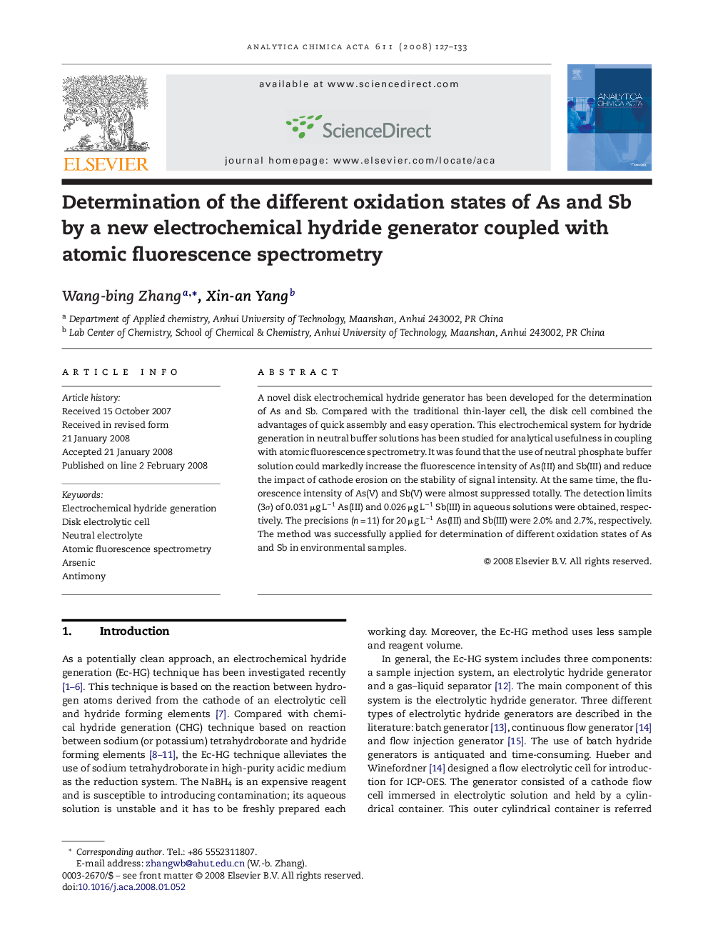 Determination of the different oxidation states of As and Sb by a new electrochemical hydride generator coupled with atomic fluorescence spectrometry