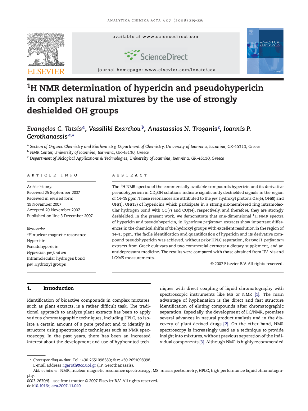 1H NMR determination of hypericin and pseudohypericin in complex natural mixtures by the use of strongly deshielded OH groups