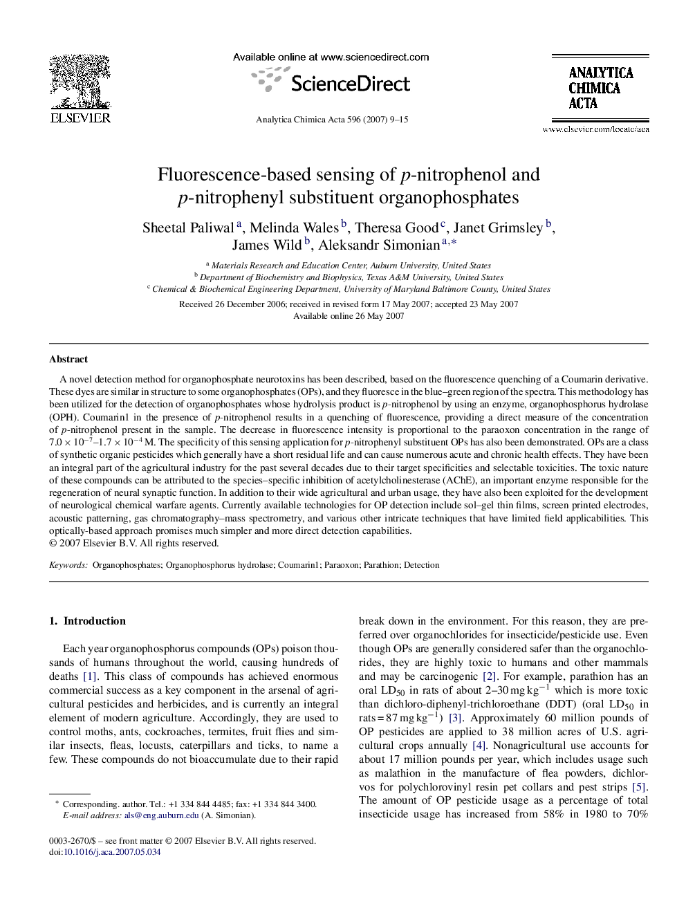 Fluorescence-based sensing of p-nitrophenol and p-nitrophenyl substituent organophosphates