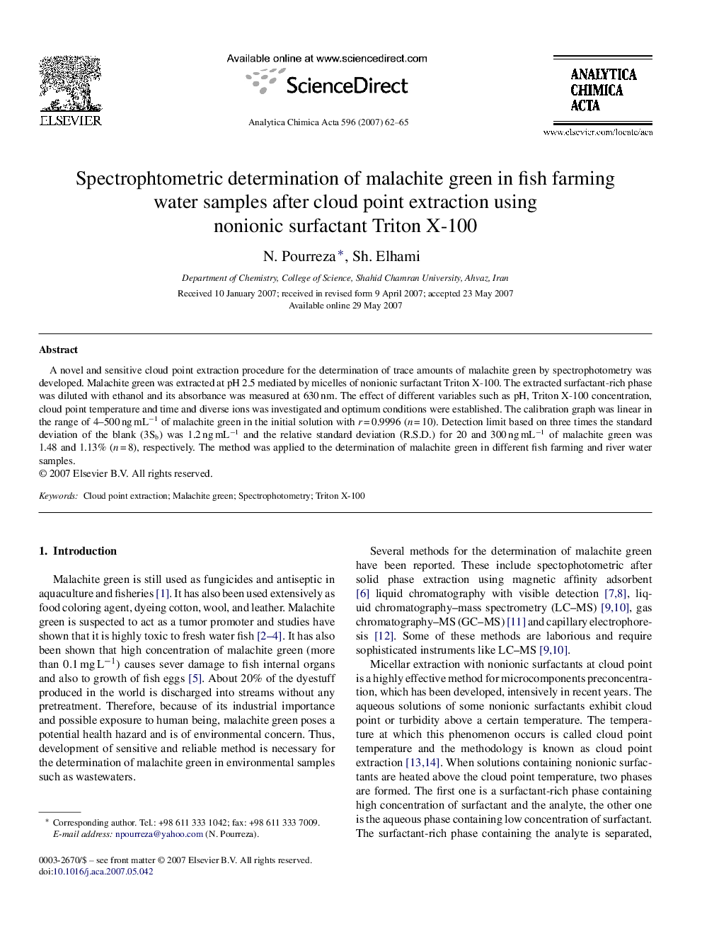 Spectrophtometric determination of malachite green in fish farming water samples after cloud point extraction using nonionic surfactant Triton X-100