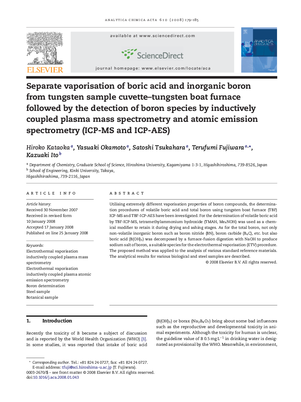 Separate vaporisation of boric acid and inorganic boron from tungsten sample cuvette-tungsten boat furnace followed by the detection of boron species by inductively coupled plasma mass spectrometry and atomic emission spectrometry (ICP-MS and ICP-AES)