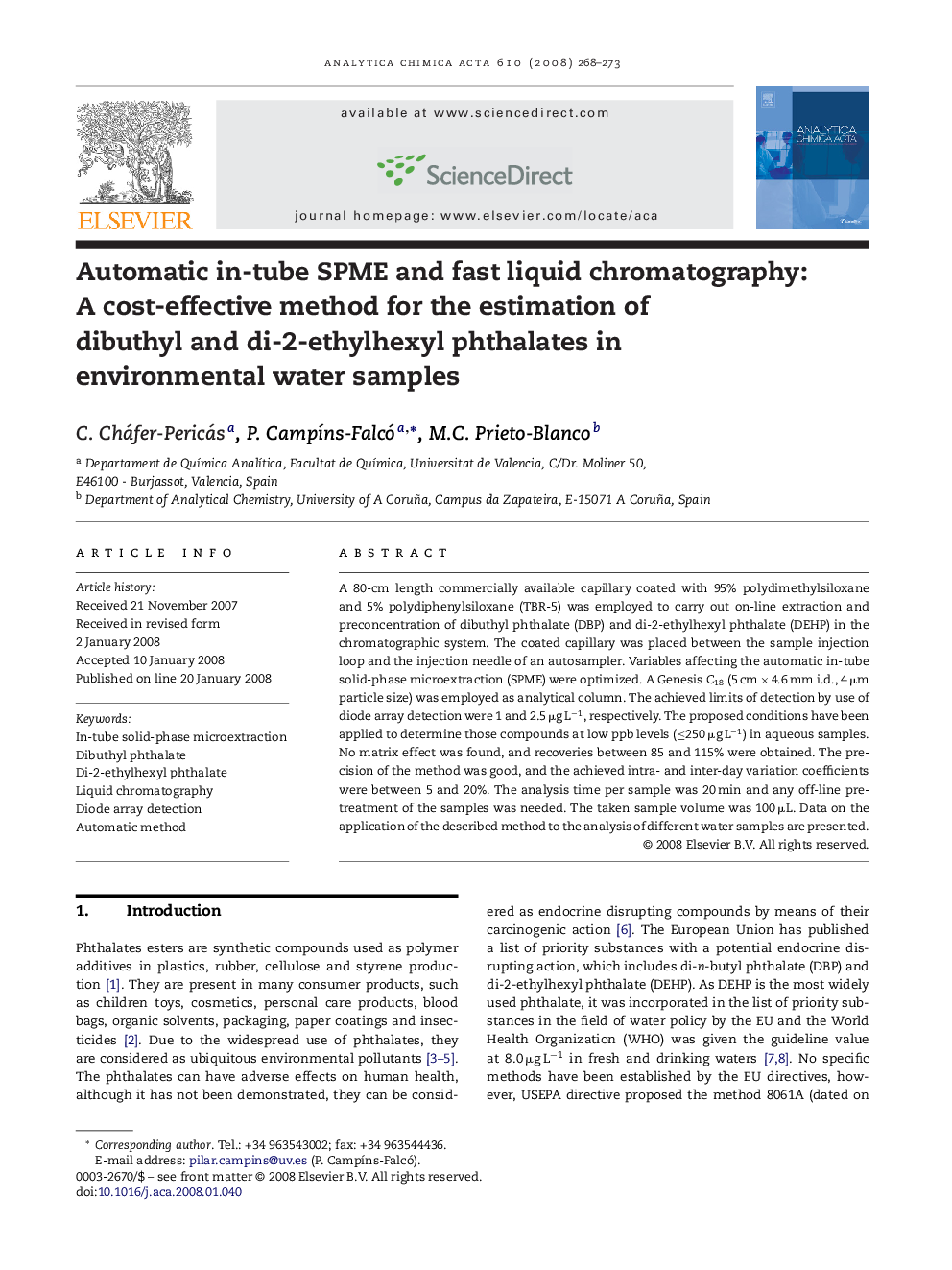 Automatic in-tube SPME and fast liquid chromatography: A cost-effective method for the estimation of dibuthyl and di-2-ethylhexyl phthalates in environmental water samples