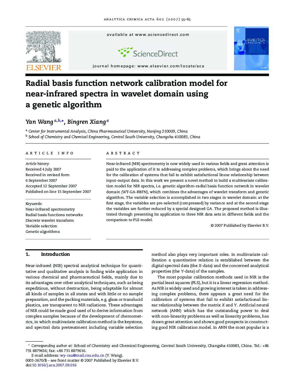 Radial basis function network calibration model for near-infrared spectra in wavelet domain using a genetic algorithm
