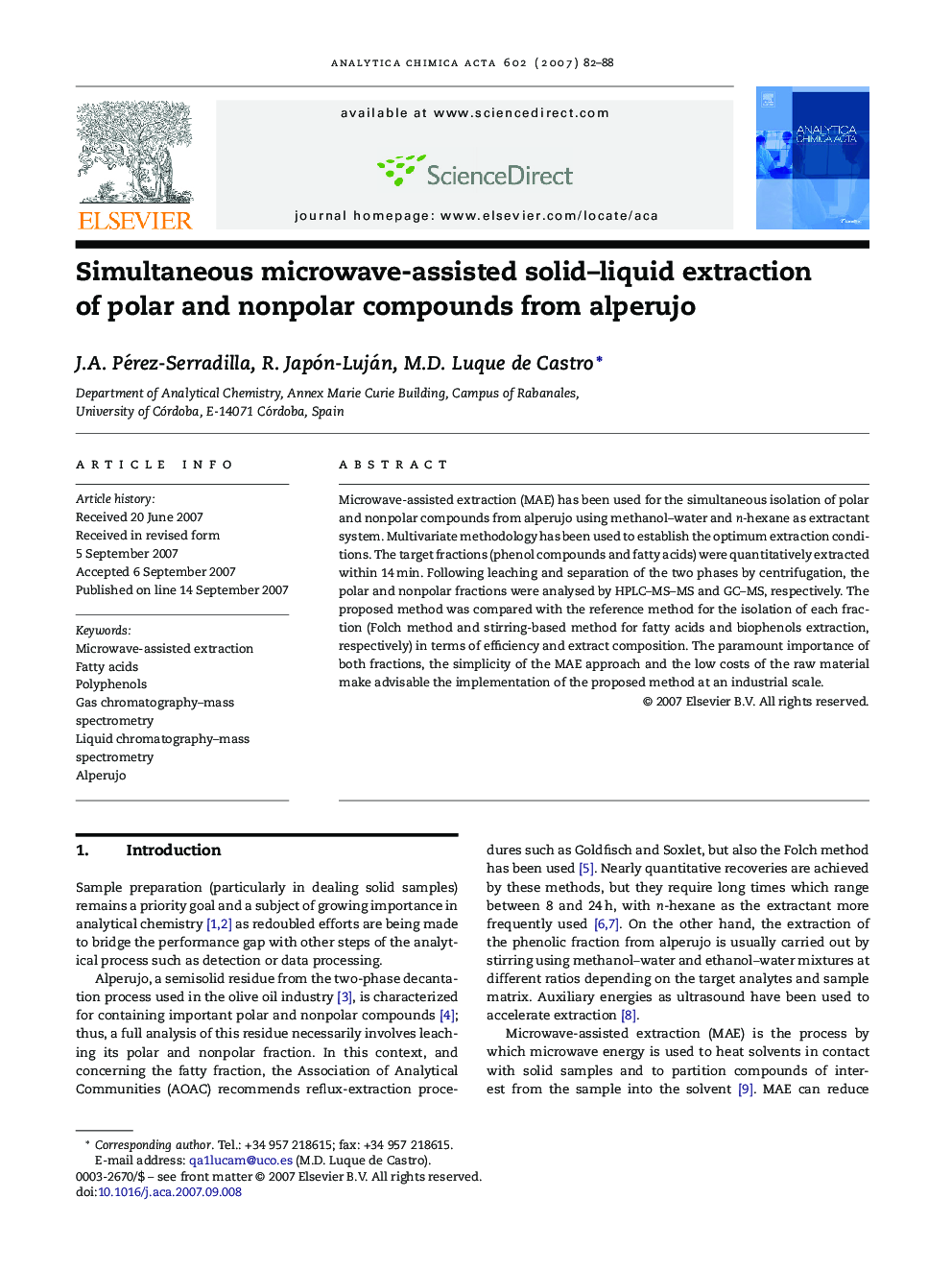 Simultaneous microwave-assisted solid–liquid extraction of polar and nonpolar compounds from alperujo