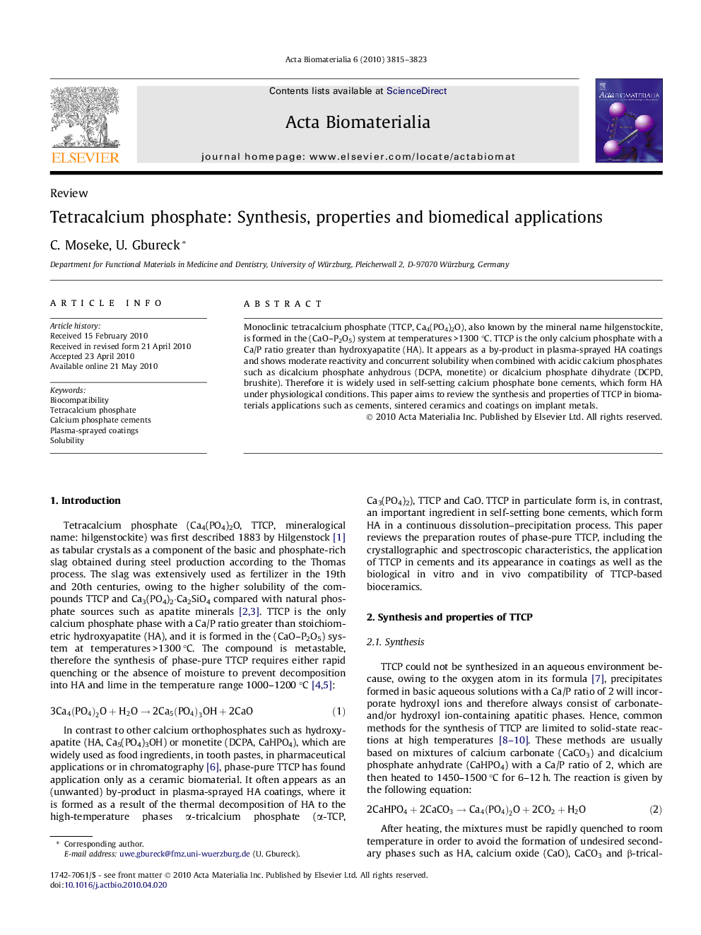 Tetracalcium phosphate: Synthesis, properties and biomedical applications