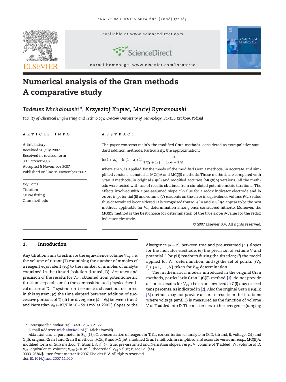 Numerical analysis of the Gran methods A comparative study