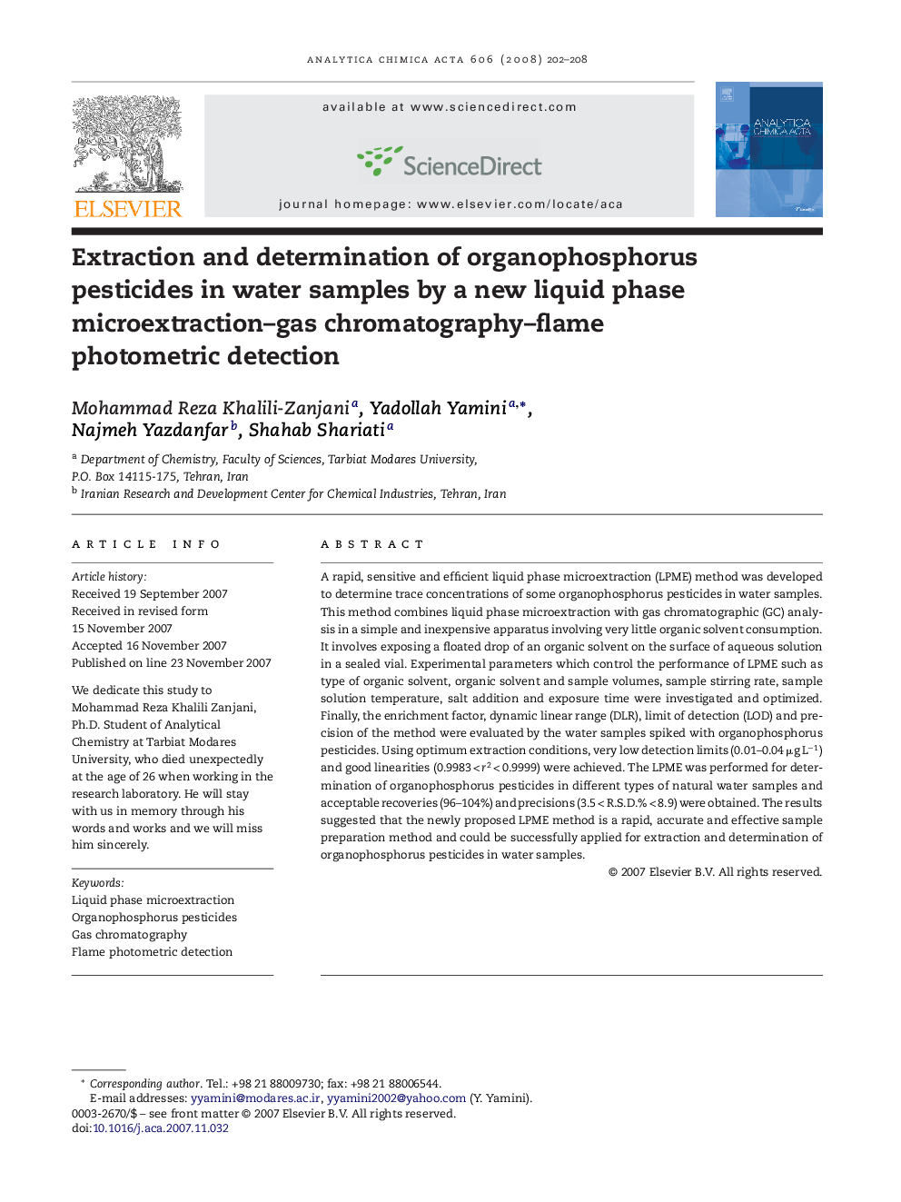 Extraction and determination of organophosphorus pesticides in water samples by a new liquid phase microextraction–gas chromatography–flame photometric detection