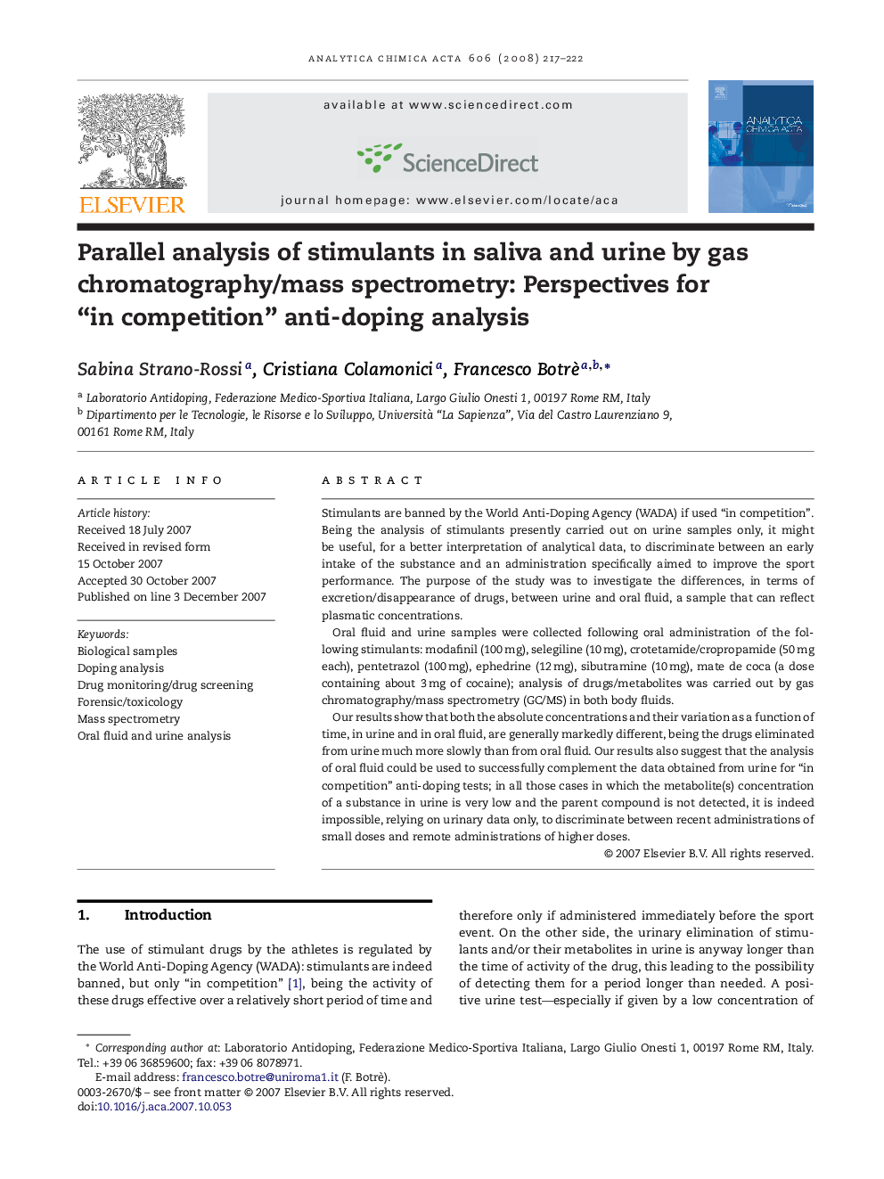 Parallel analysis of stimulants in saliva and urine by gas chromatography/mass spectrometry: Perspectives for “in competition” anti-doping analysis