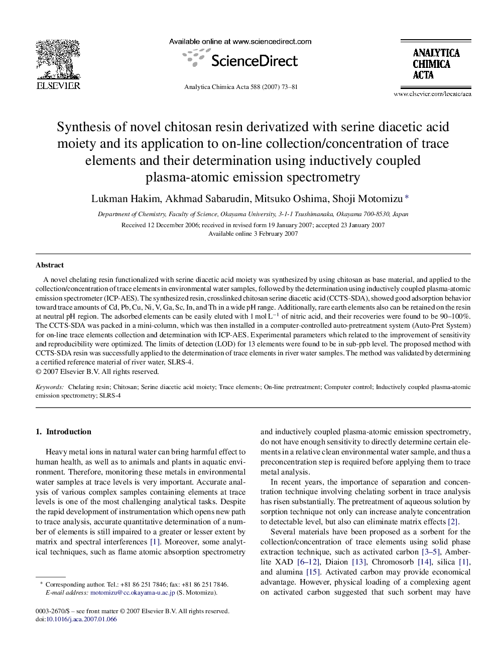 Synthesis of novel chitosan resin derivatized with serine diacetic acid moiety and its application to on-line collection/concentration of trace elements and their determination using inductively coupled plasma-atomic emission spectrometry