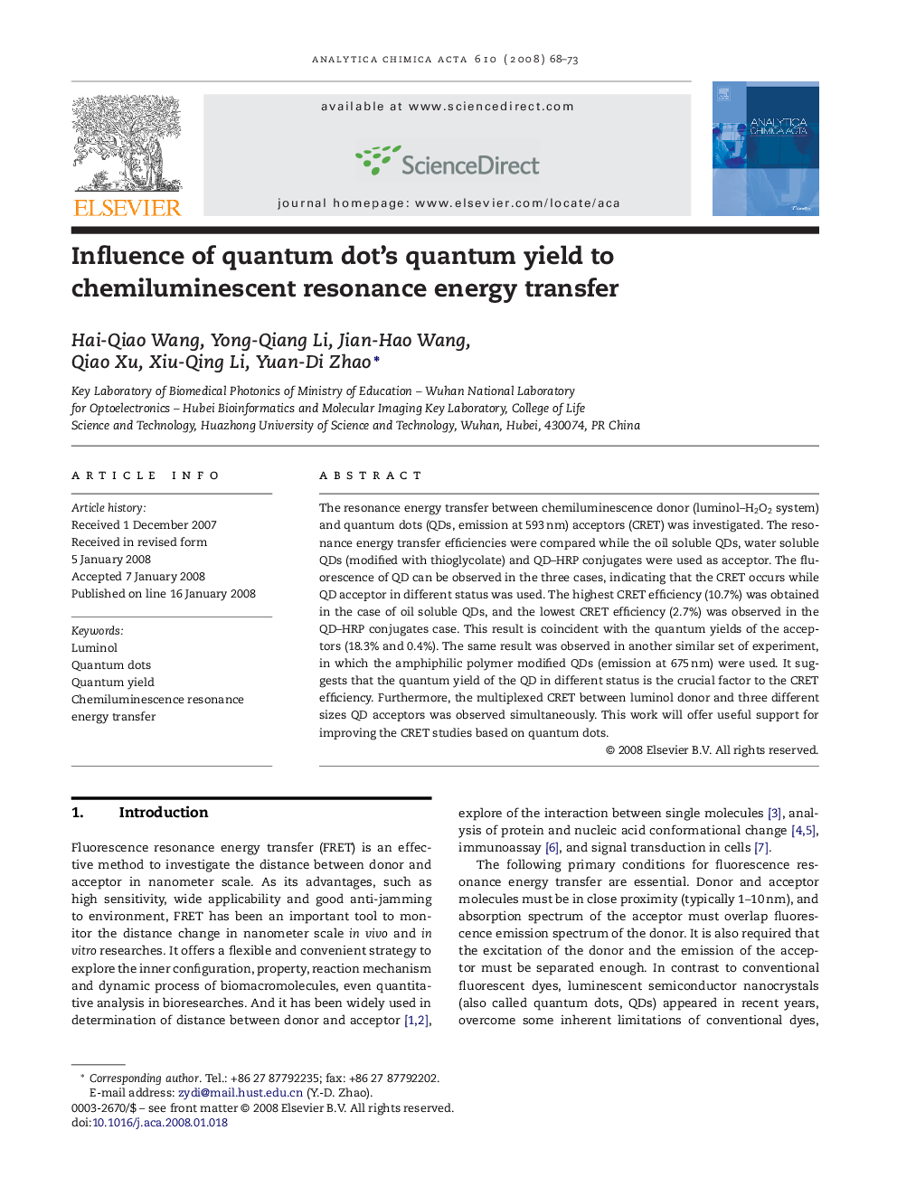 Influence of quantum dot's quantum yield to chemiluminescent resonance energy transfer