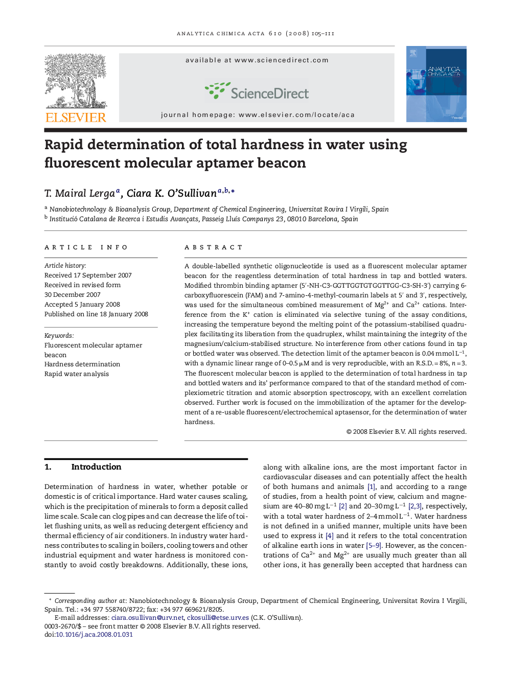 Rapid determination of total hardness in water using fluorescent molecular aptamer beacon