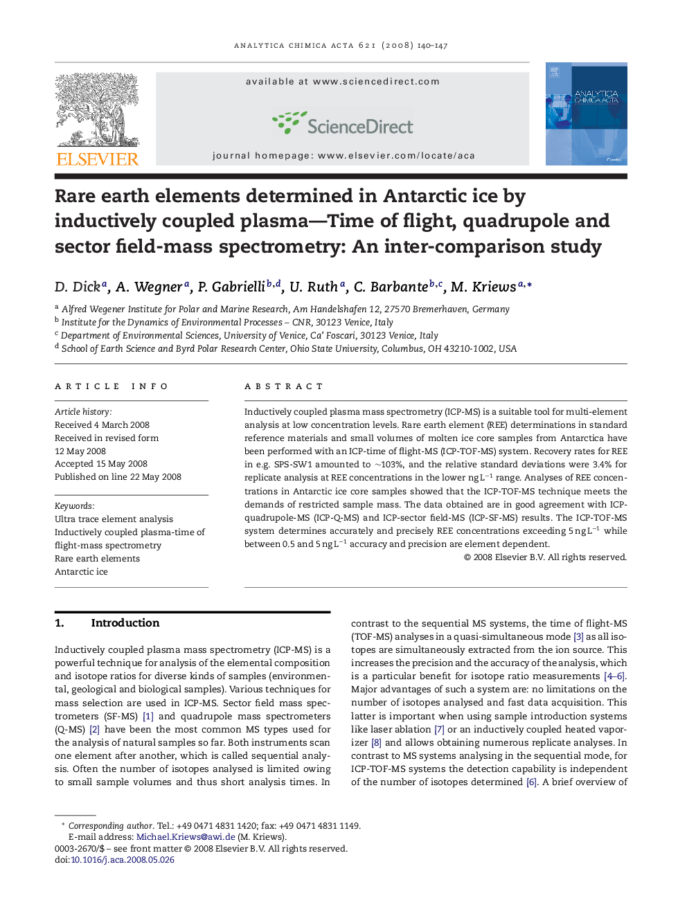 Rare earth elements determined in Antarctic ice by inductively coupled plasma—Time of flight, quadrupole and sector field-mass spectrometry: An inter-comparison study