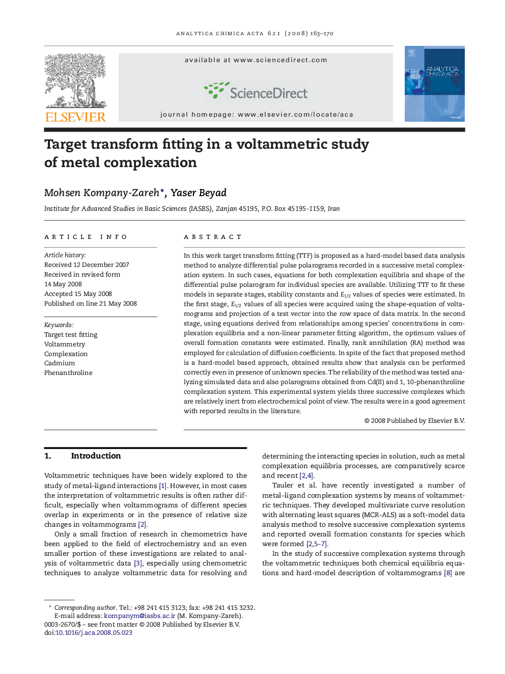 Target transform fitting in a voltammetric study of metal complexation