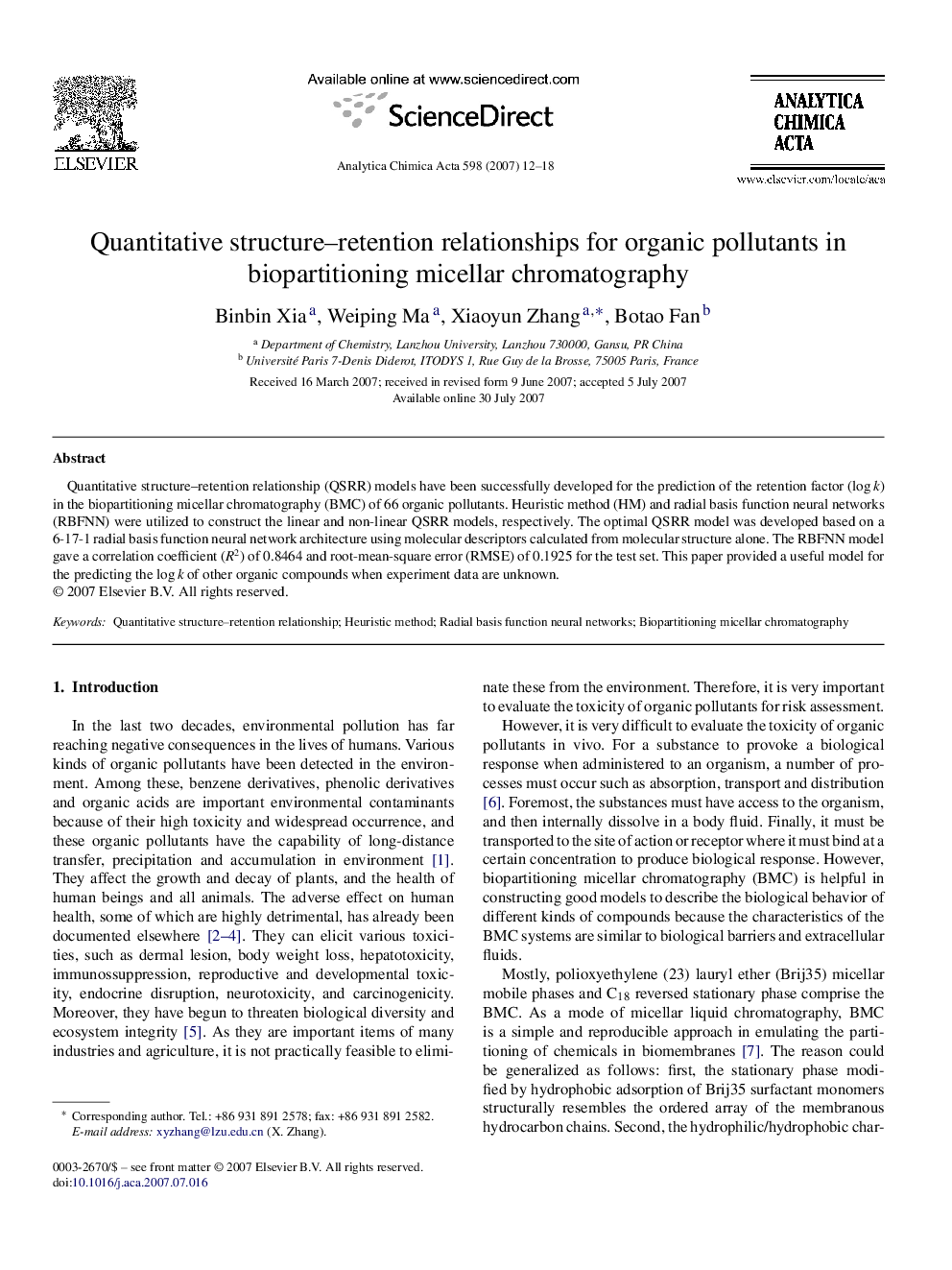 Quantitative structure–retention relationships for organic pollutants in biopartitioning micellar chromatography