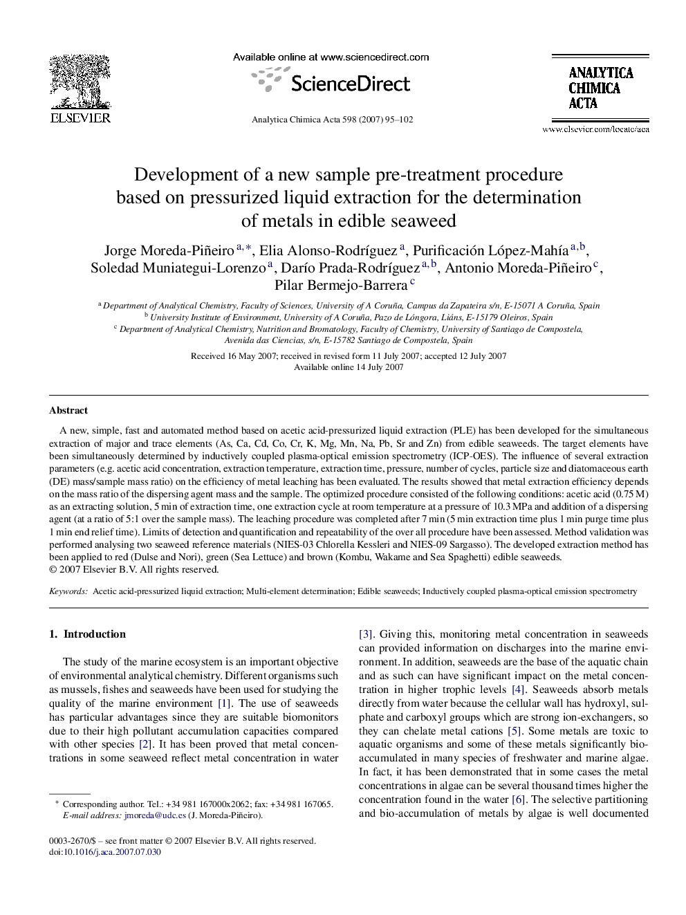 Development of a new sample pre-treatment procedure based on pressurized liquid extraction for the determination of metals in edible seaweed