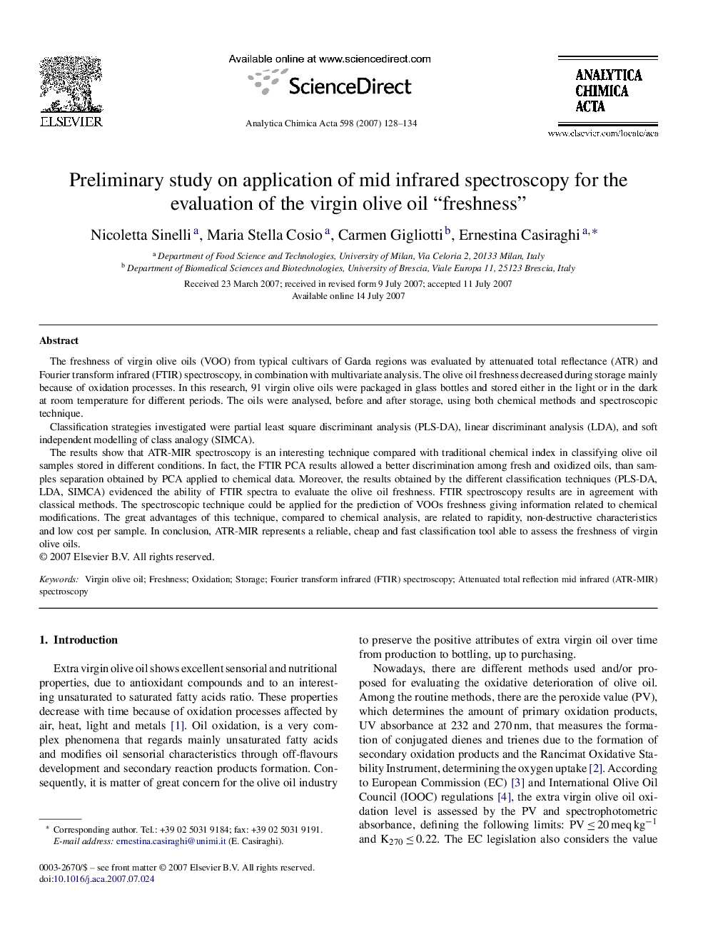 Preliminary study on application of mid infrared spectroscopy for the evaluation of the virgin olive oil “freshness”