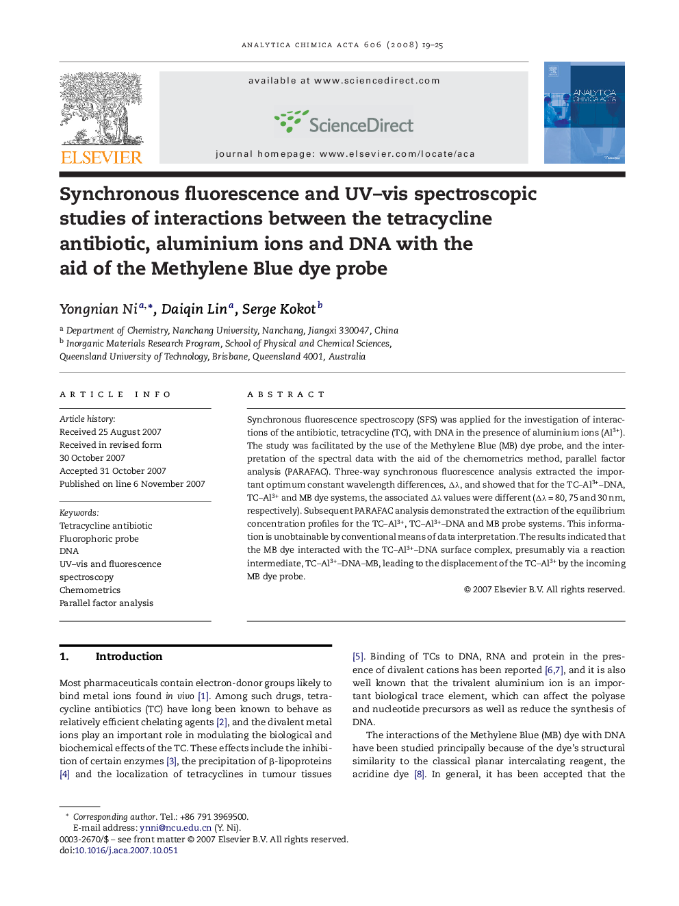 Synchronous fluorescence and UV–vis spectroscopic studies of interactions between the tetracycline antibiotic, aluminium ions and DNA with the aid of the Methylene Blue dye probe