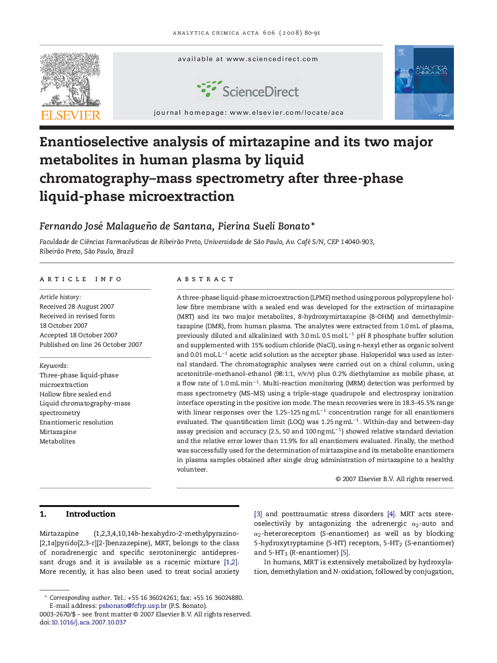 Enantioselective analysis of mirtazapine and its two major metabolites in human plasma by liquid chromatography–mass spectrometry after three-phase liquid-phase microextraction