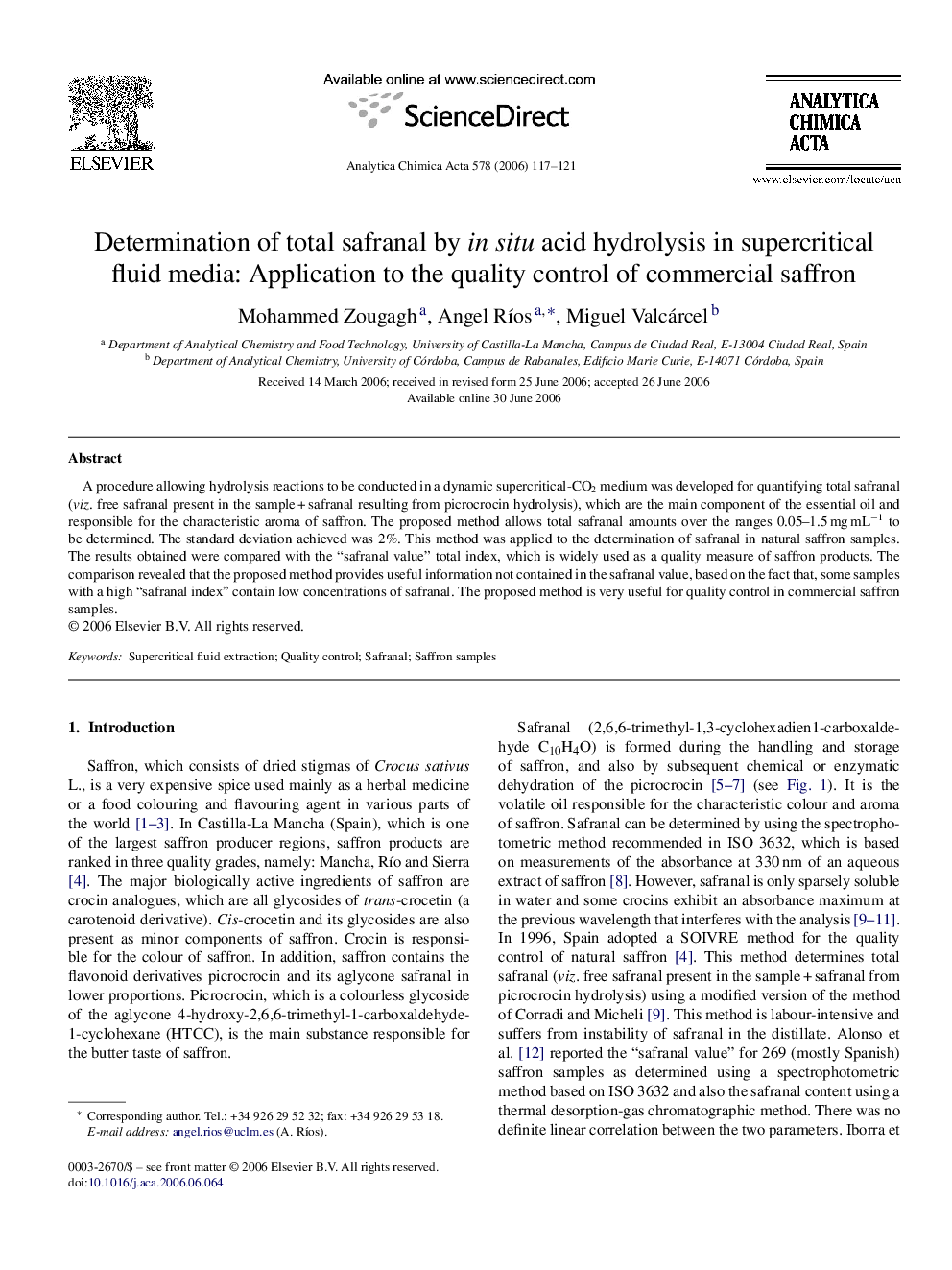 Determination of total safranal by in situ acid hydrolysis in supercritical fluid media: Application to the quality control of commercial saffron