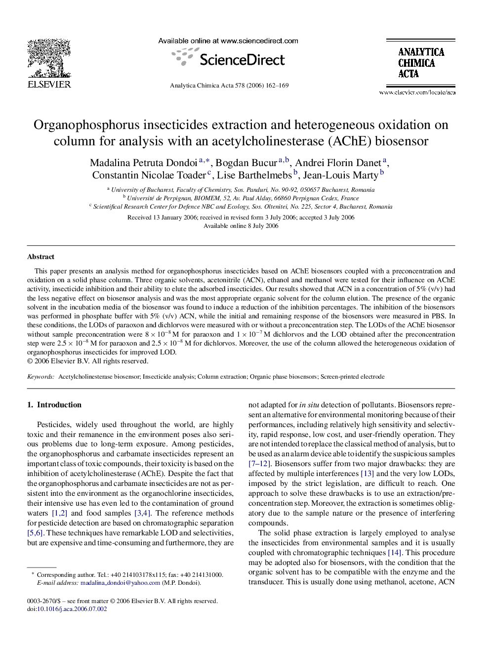 Organophosphorus insecticides extraction and heterogeneous oxidation on column for analysis with an acetylcholinesterase (AChE) biosensor