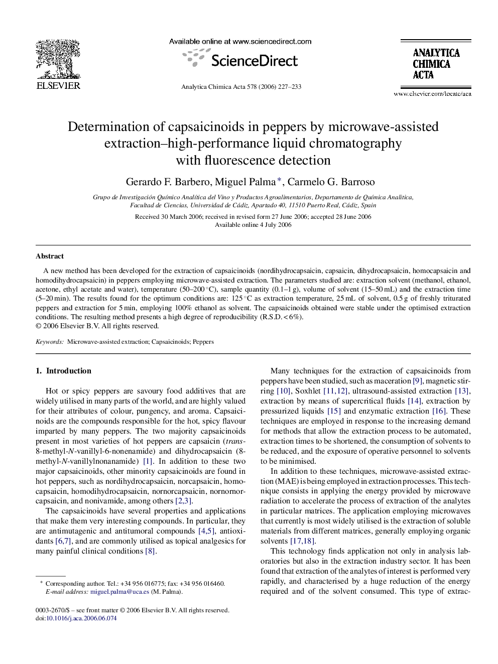 Determination of capsaicinoids in peppers by microwave-assisted extraction–high-performance liquid chromatography with fluorescence detection