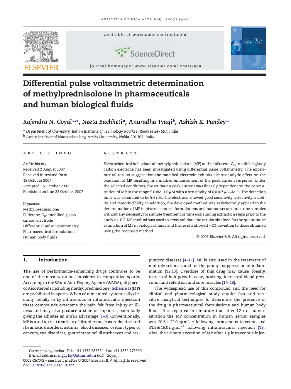 Differential pulse voltammetric determination of methylprednisolone in pharmaceuticals and human biological fluids