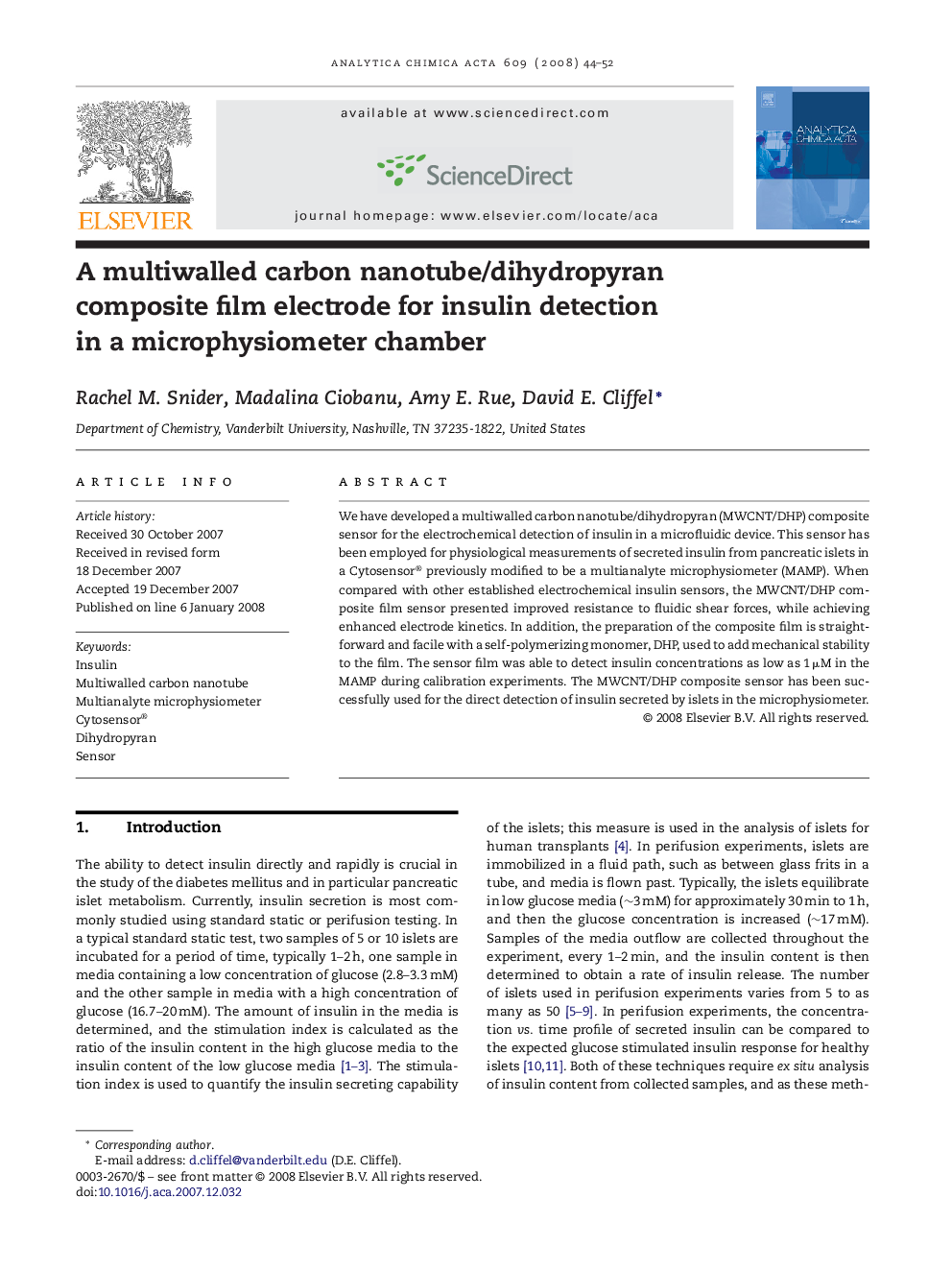 A multiwalled carbon nanotube/dihydropyran composite film electrode for insulin detection in a microphysiometer chamber