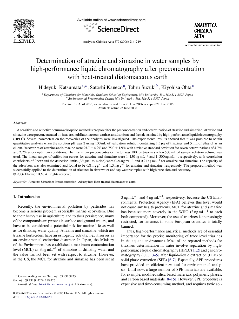 Determination of atrazine and simazine in water samples by high-performance liquid chromatography after preconcentration with heat-treated diatomaceous earth