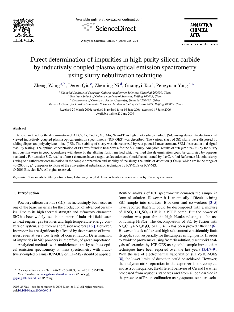 Direct determination of impurities in high purity silicon carbide by inductively coupled plasma optical emission spectrometry using slurry nebulization technique