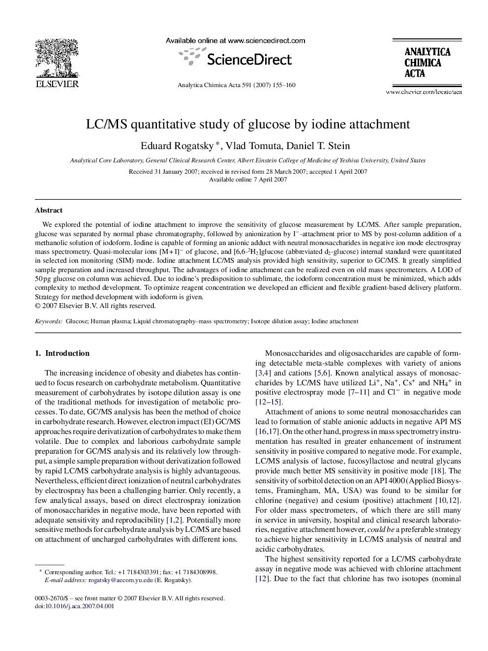 LC/MS quantitative study of glucose by iodine attachment