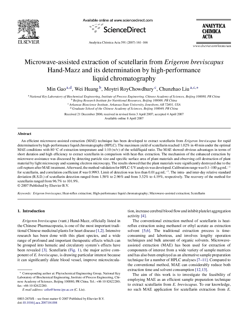 Microwave-assisted extraction of scutellarin from Erigeron breviscapus Hand-Mazz and its determination by high-performance liquid chromatography