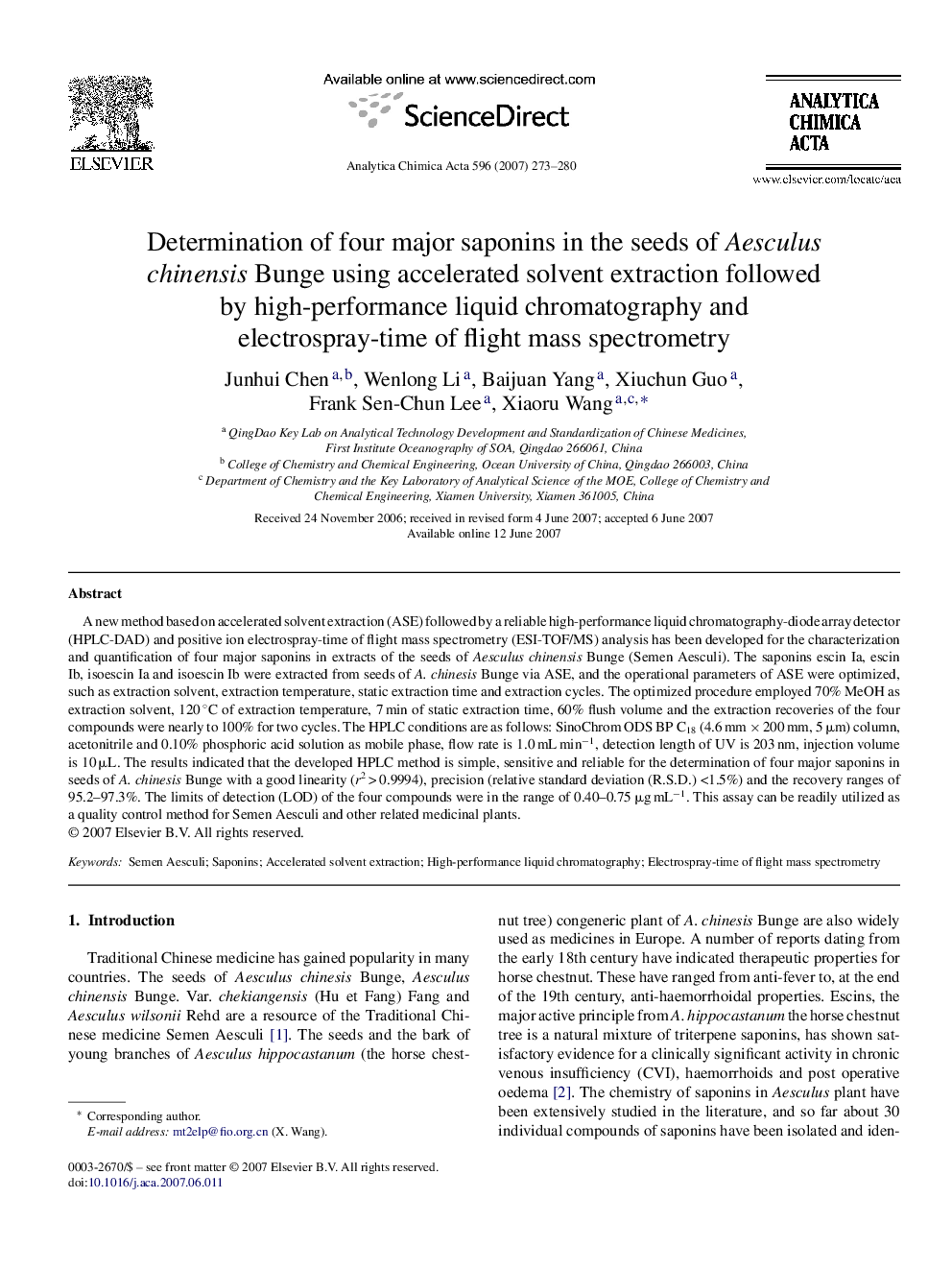 Determination of four major saponins in the seeds of Aesculus chinensis Bunge using accelerated solvent extraction followed by high-performance liquid chromatography and electrospray-time of flight mass spectrometry