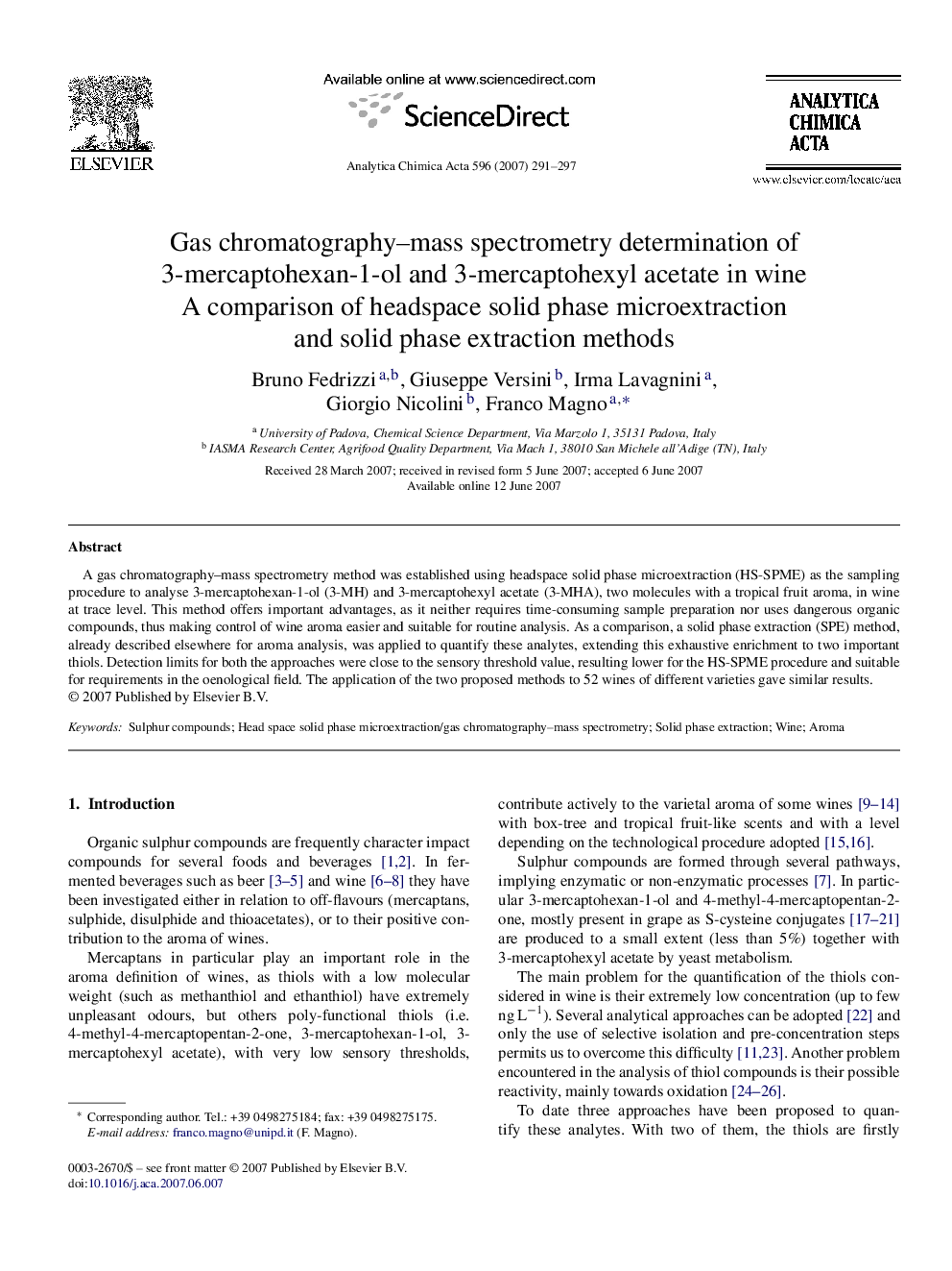 Gas chromatography–mass spectrometry determination of 3-mercaptohexan-1-ol and 3-mercaptohexyl acetate in wine: A comparison of headspace solid phase microextraction and solid phase extraction methods