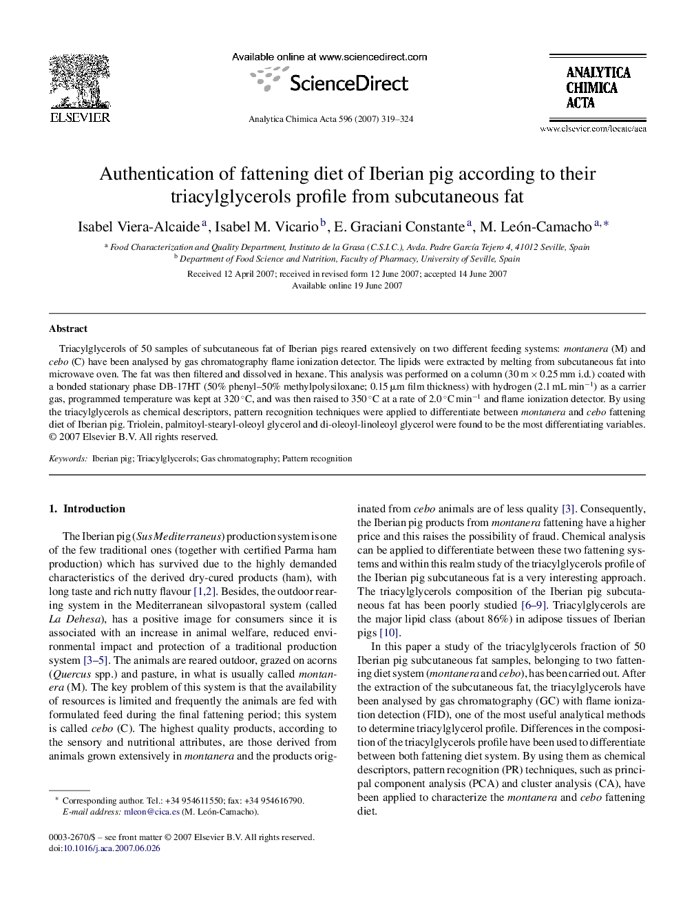 Authentication of fattening diet of Iberian pig according to their triacylglycerols profile from subcutaneous fat