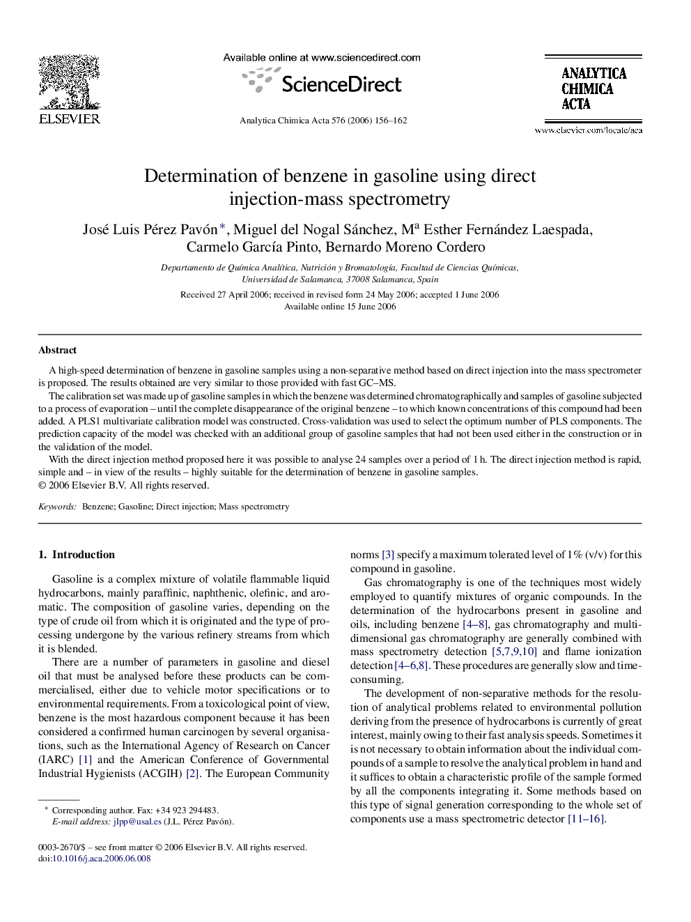 Determination of benzene in gasoline using direct injection-mass spectrometry