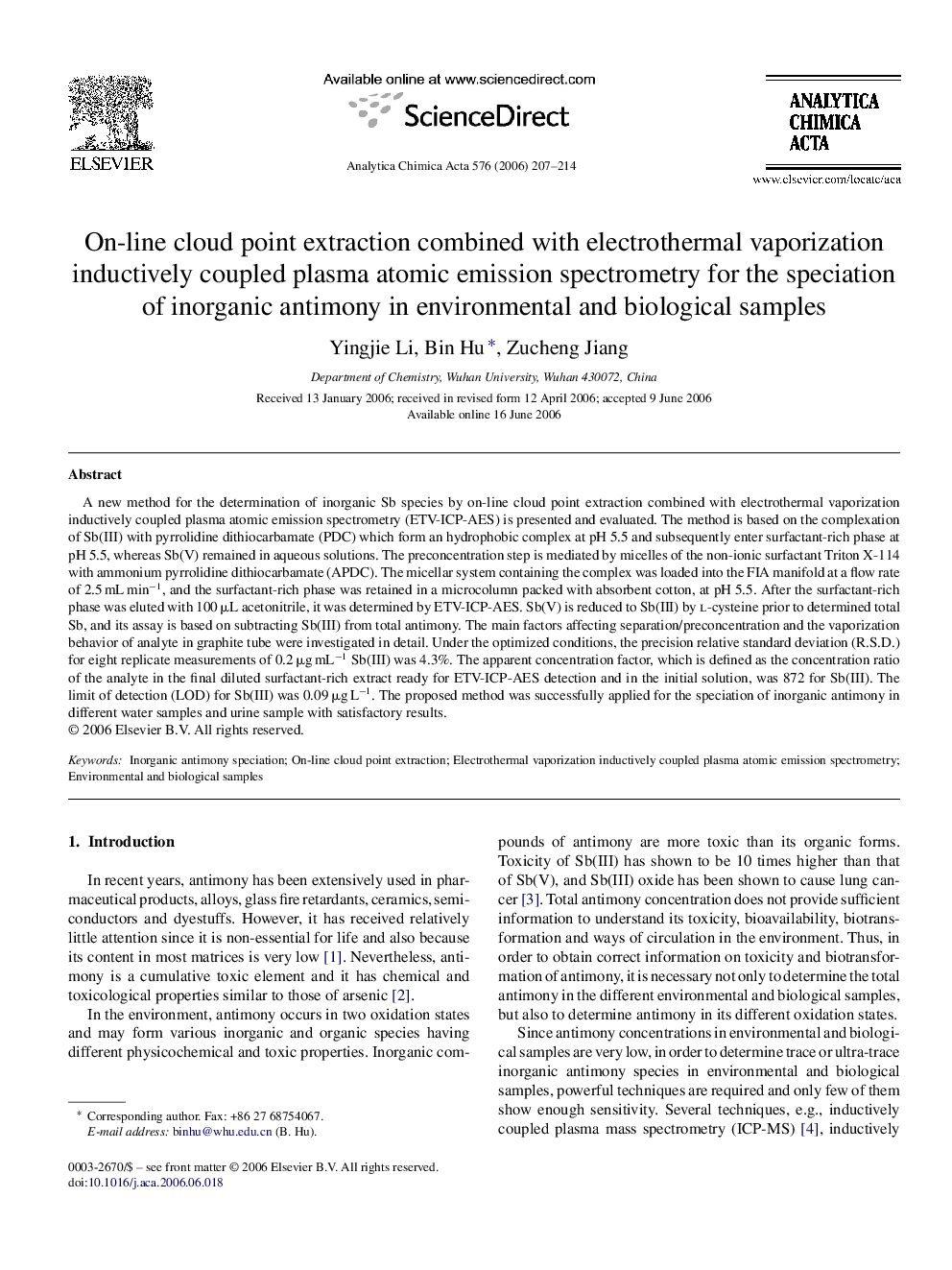 On-line cloud point extraction combined with electrothermal vaporization inductively coupled plasma atomic emission spectrometry for the speciation of inorganic antimony in environmental and biological samples