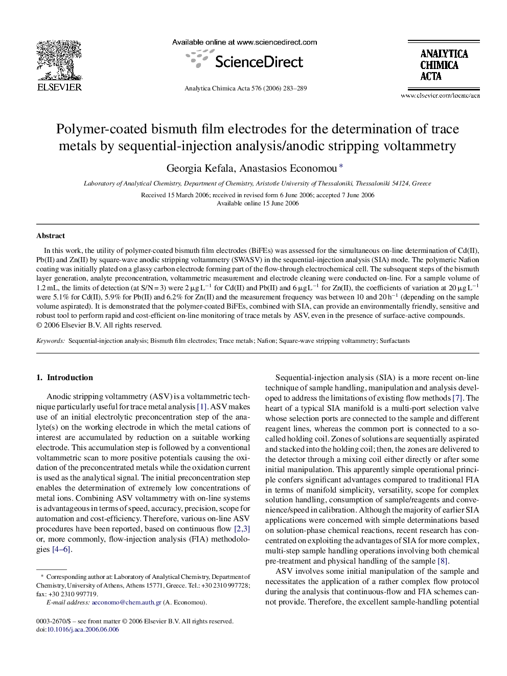 Polymer-coated bismuth film electrodes for the determination of trace metals by sequential-injection analysis/anodic stripping voltammetry