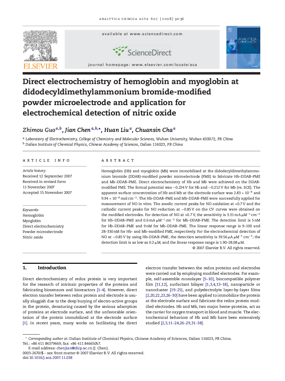 Direct electrochemistry of hemoglobin and myoglobin at didodecyldimethylammonium bromide-modified powder microelectrode and application for electrochemical detection of nitric oxide