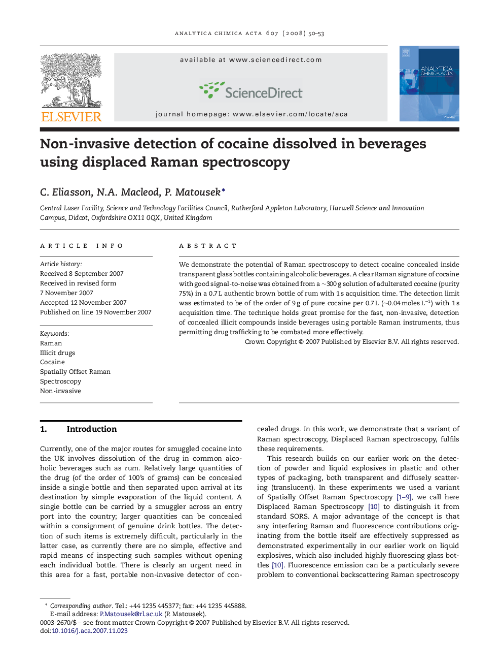 Non-invasive detection of cocaine dissolved in beverages using displaced Raman spectroscopy