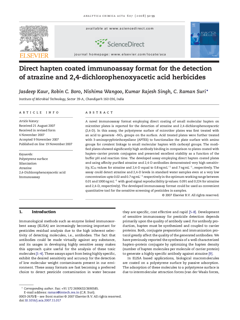 Direct hapten coated immunoassay format for the detection of atrazine and 2,4-dichlorophenoxyacetic acid herbicides